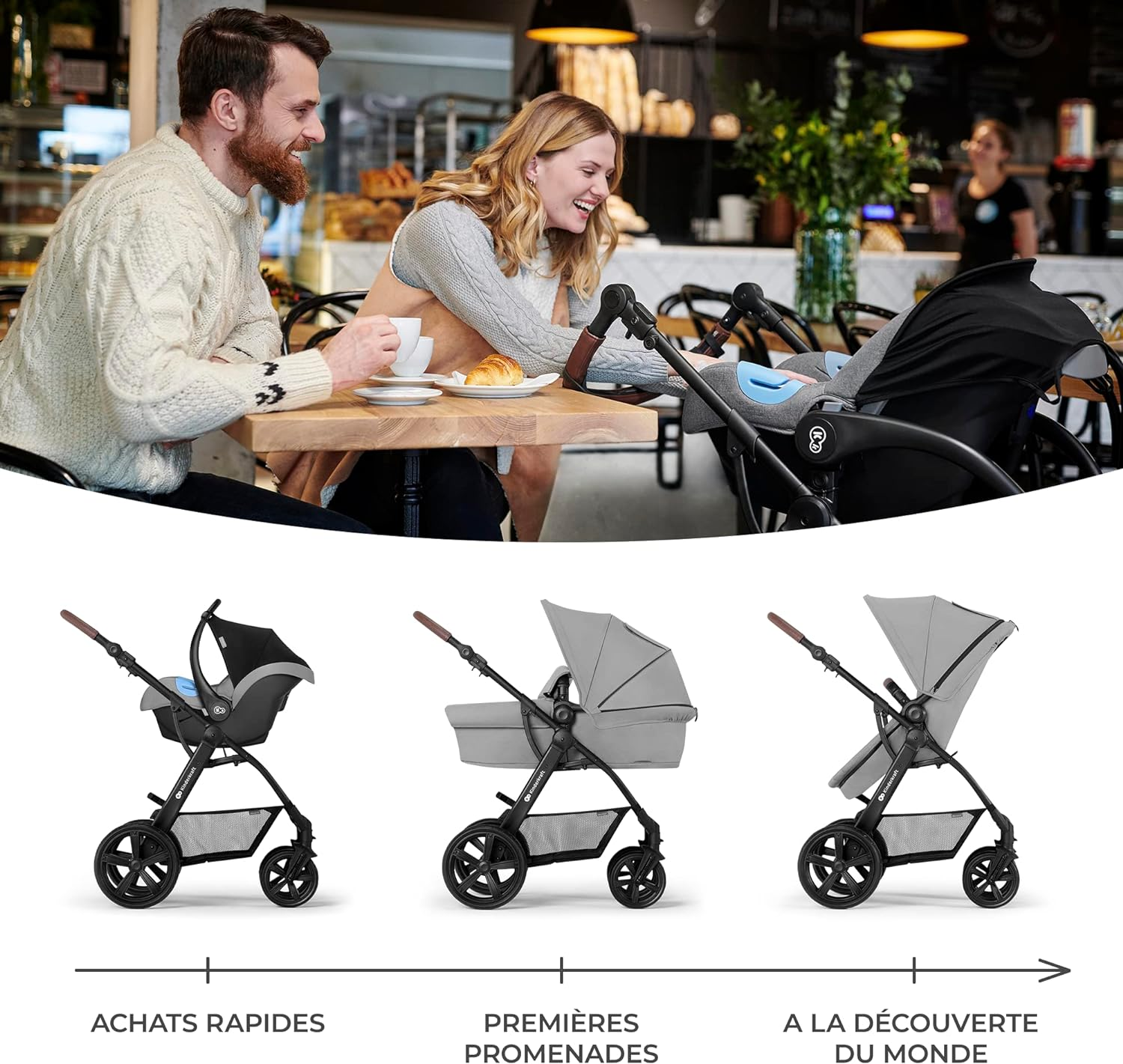 Kinderkraft MOOV 3 in 1 Stroller, Cane Stroller, Trio, Baby Stroller, Baby Pram, With Car Seat, Accessories, Universal Adapters, Carrycot, Big Wheels, 25kg,