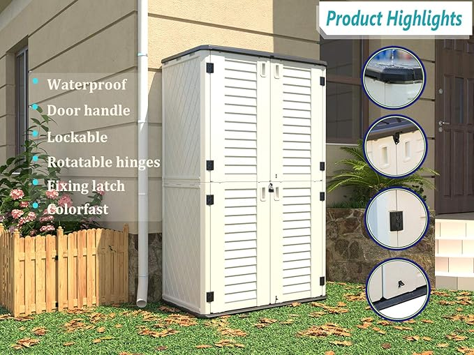 HOMSPARK Cobertizo de almacenamiento vertical resistente a la intemperie, gabinete de almacenamiento al aire libre de doble capa multiusos para patios traseros y accesorios de patios, (50 pulgadas de largo x 29 pulgadas de ancho x 82 pulgadas de alto