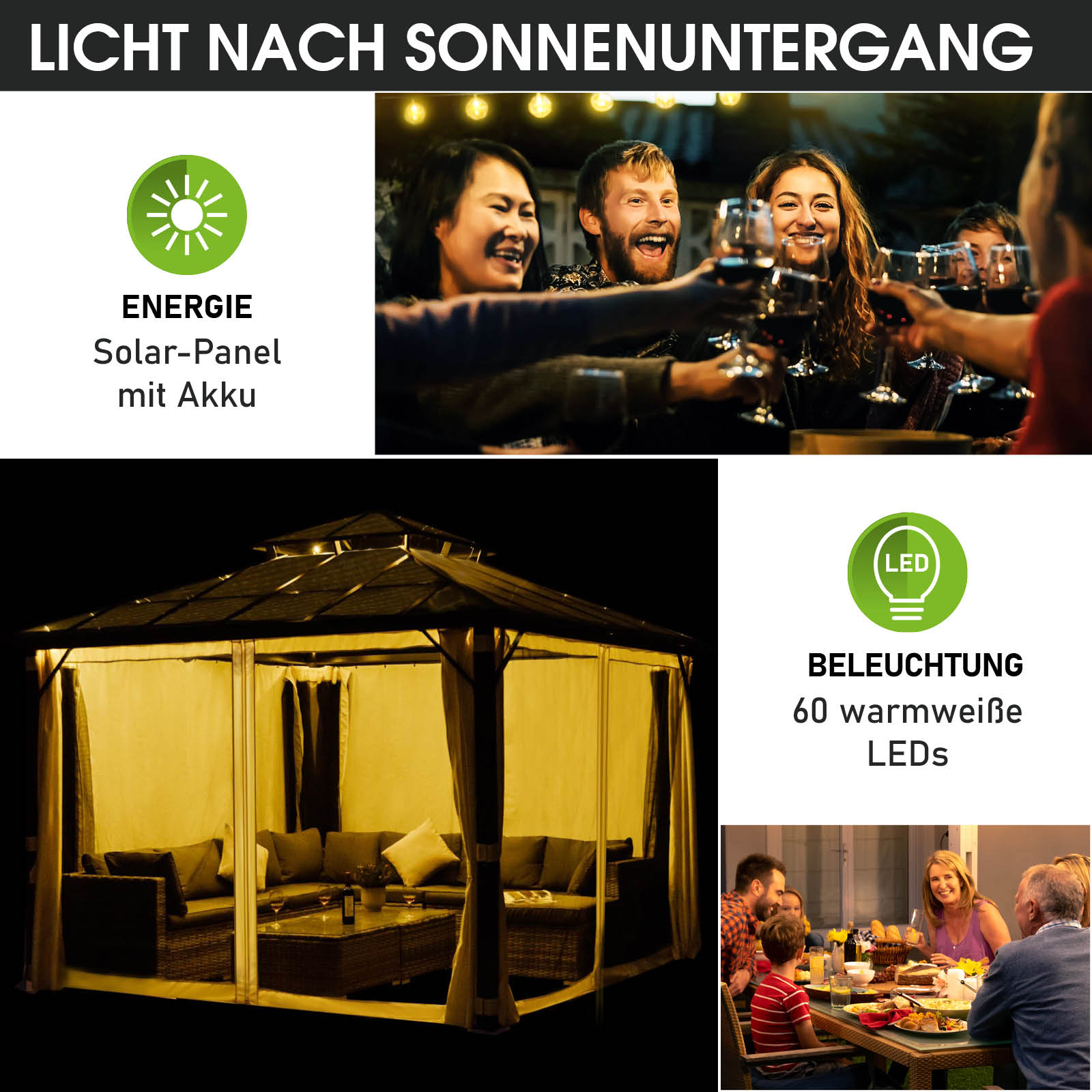 BRAST Alu Pavillon PAGODE 3.5x3.5m beige mit Moskitonetz & LED-Beleuchtung