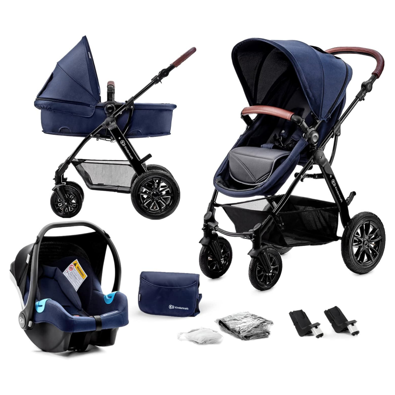 Kinderkraft MOOV 3 in 1 Stroller, Cane Stroller, Trio, Baby Stroller, Baby Pram, With Car Seat, Accessories, Universal Adapters, Carrycot, Big Wheels, 25kg,