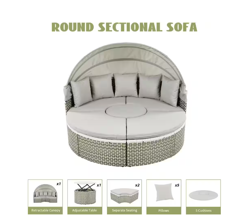 Metal Outdoor Sectional Sofa Set Rattan Daybed 2-Tone Weave Sunbed with Retractable Canopy and Removable Cushion