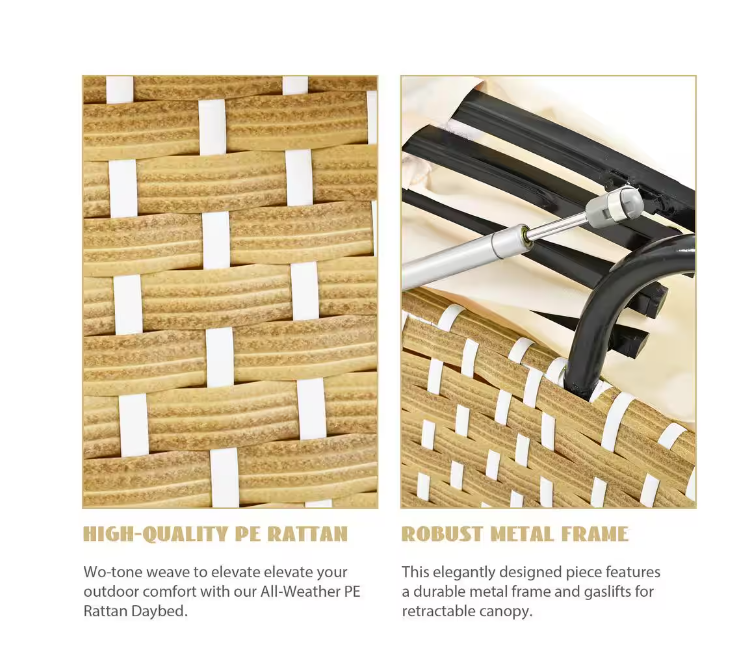 Metal Outdoor Sectional Sofa Set Rattan Daybed 2-Tone Weave Sunbed with Retractable Canopy and Removable Cushion