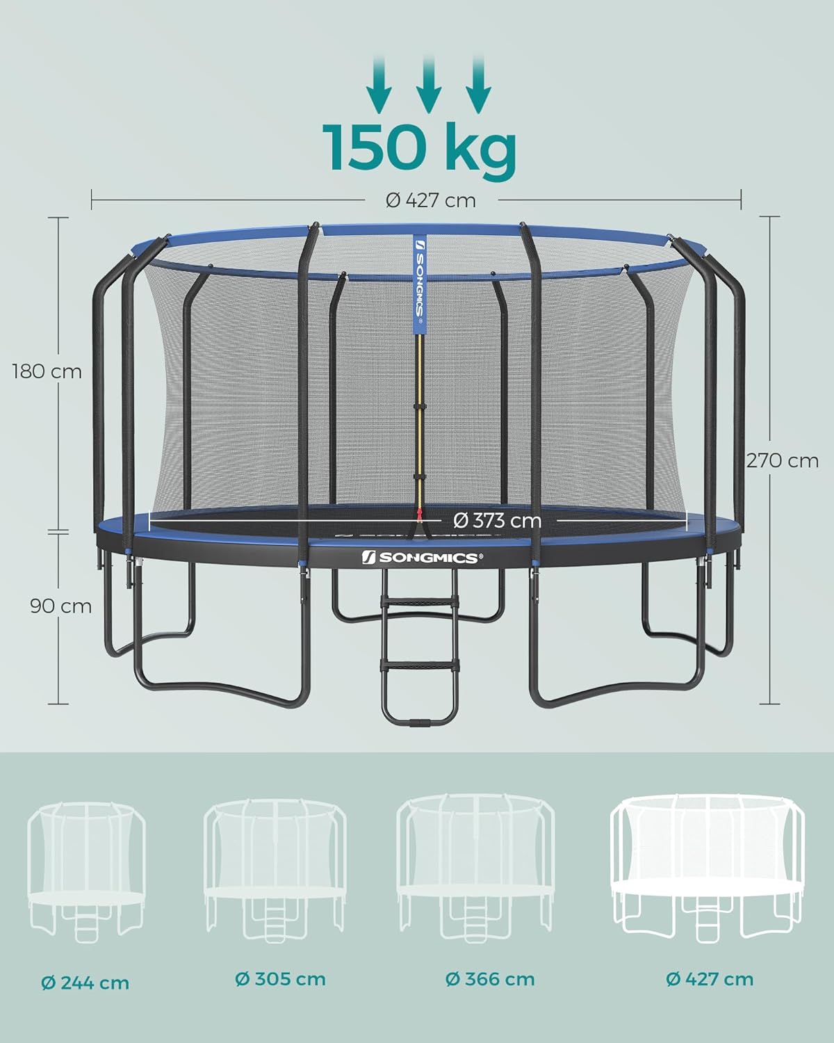 SONGMICS Trampolin Outdoor Ø 427 cm. rundes Gartentrampolin mit Sicherheitsnetz und Leiter. Randabdeckung. gepolstertes Gestell. für Kinder