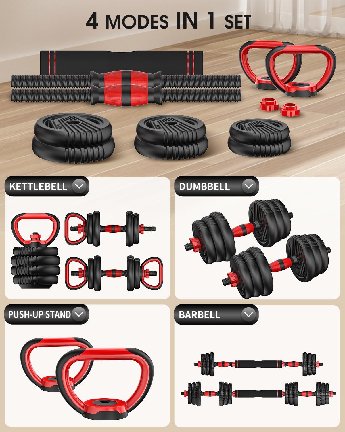 Trakmaxi Adjustable Dumbbell Set 20LBS/35LBS/55LB/70LBS Free Weights Dumbbells, 4 in 1 Weight Set, Dumbbell, Barbell, Kettlebell, Push-up