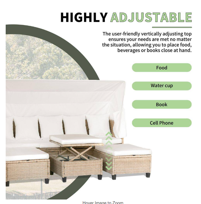 4-piece UV-resistant resin wicker outdoor sofa bed, 3 reclining positions, with cushions and retractable canopy