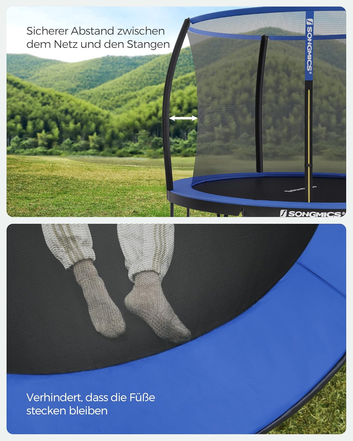 SONGMICS Trampolin Outdoor Ø 305 cm. rundes Gartentrampolin für Kinder mit Sicherheitsnetz. Randabdeckung. Leiter und gepolsterten Stangen