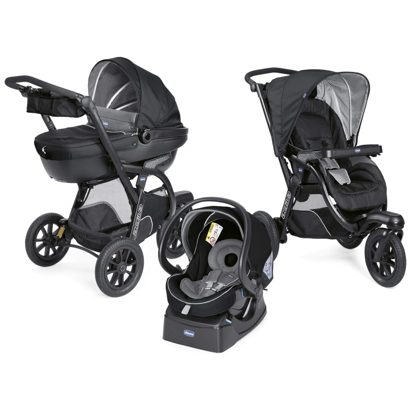 Chicco Trio Activ3 3 in 1 Stroller with Car Travel Set, 3-Wheel Reclining Cane, Pram/Carrycot and Baby Car Seat Group 0+, with Folding and Compact Closure - Black