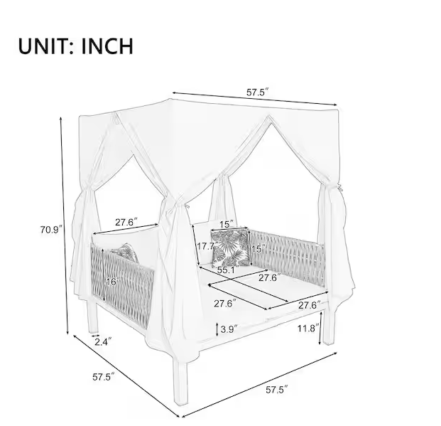 Beige Metal Outdoor Day Bed with Beige Curtains Beige Cushions Suitable for Multiple Scenarios