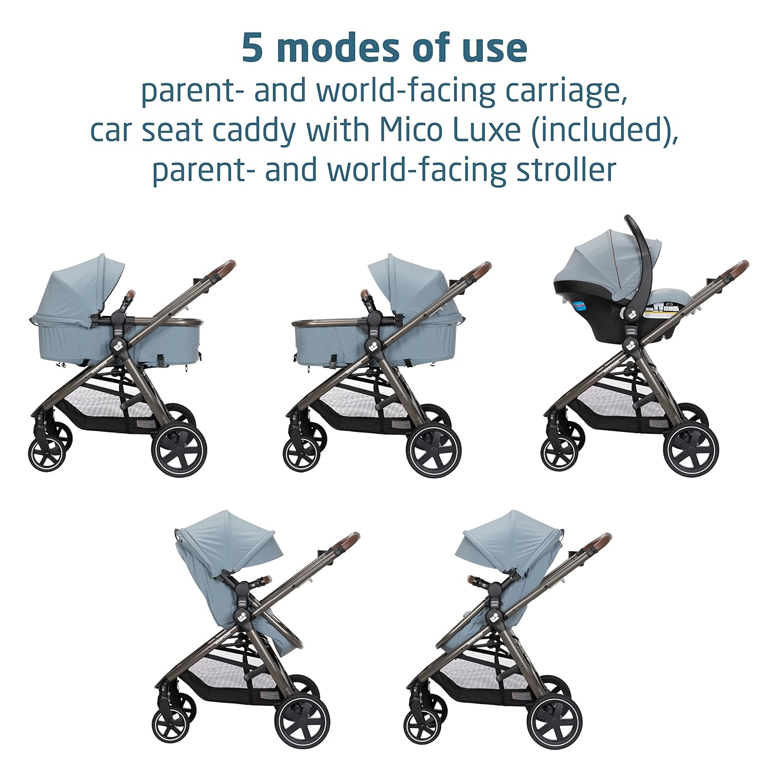 Maxi-Cosi Zelia Luxe 5-in-1 Modular Travel System, Choose Between 5 Modes of use: Parent-Facing car seat Caddy, Reversible Carriage, and Reversible Stroller