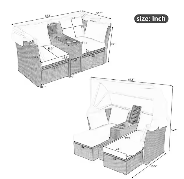 Rattan outdoor patio sofa bed with cushions, folding awning, cup holder and storage box
