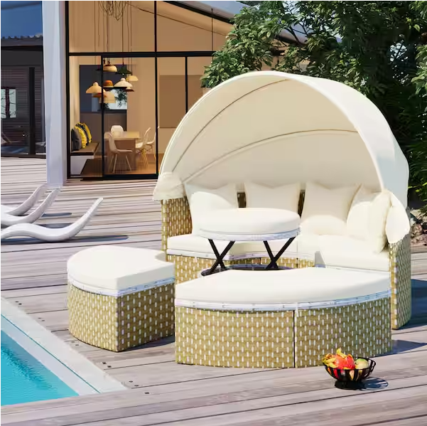 Metal Outdoor Sectional Sofa Set Rattan Daybed 2-Tone Weave Sunbed with Retractable Canopy and Removable Cushion