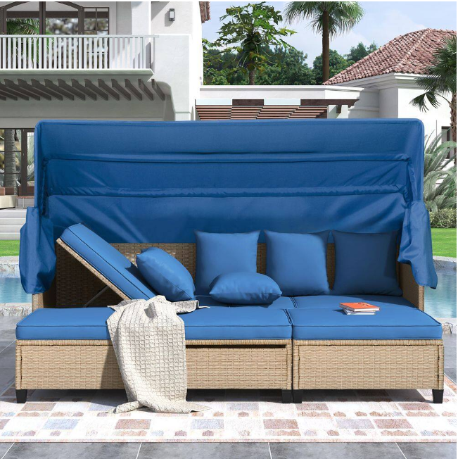 4-piece UV-resistant resin wicker outdoor sofa bed, 3 reclining positions, with cushions and retractable canopy
