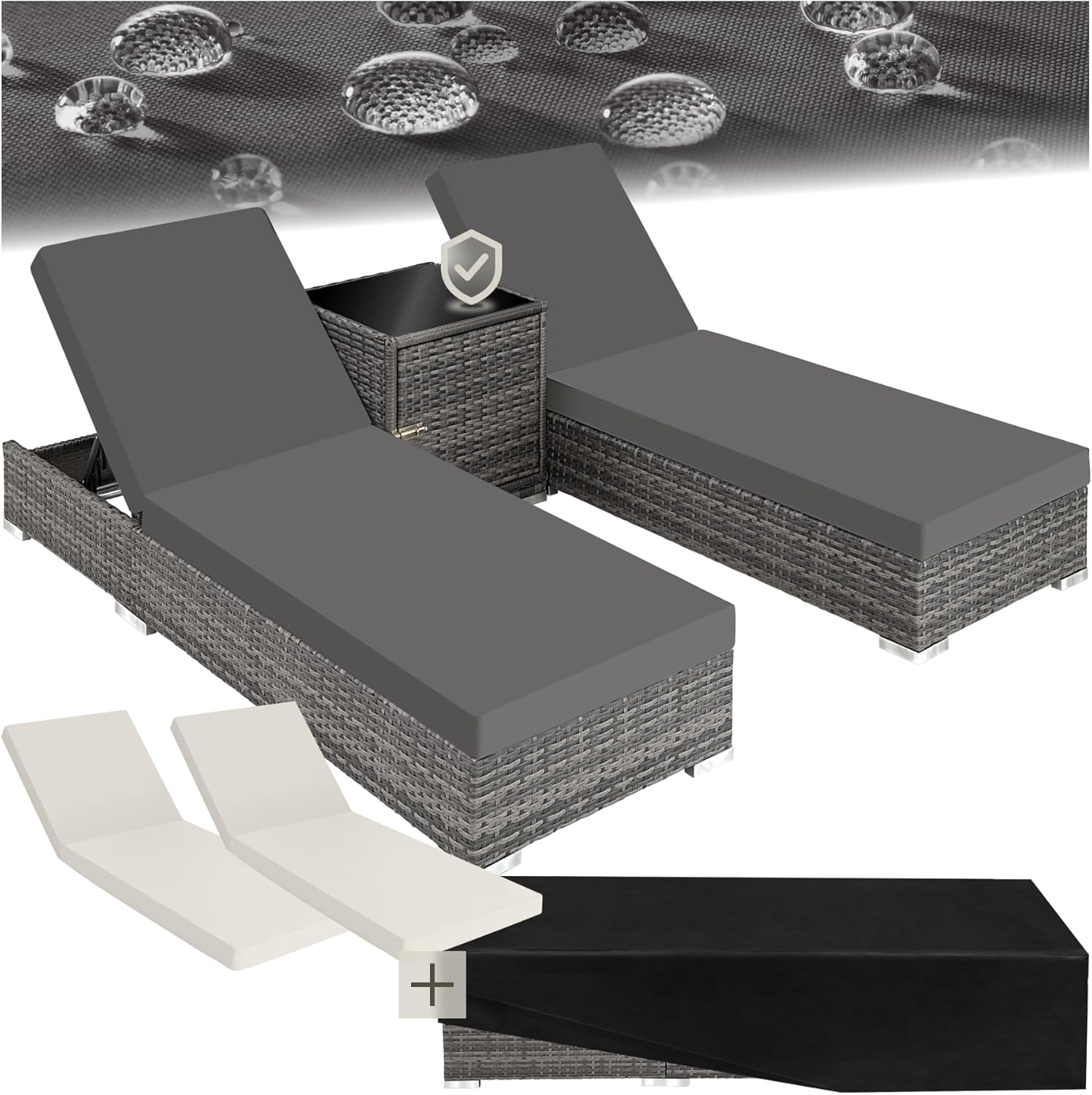 TecTake 403088 Set of 2 Aluminium Polyrattan Sun Lounger + Table incl. Protective covers and 2 cover sets. stainless steel screws. grey