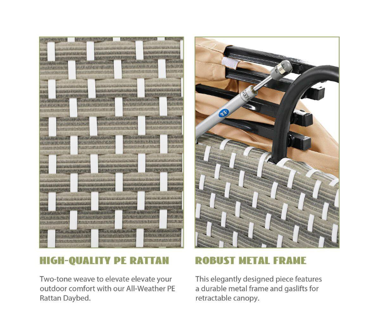 Metal Outdoor Sectional Sofa Set Rattan Daybed 2-Tone Weave Sunbed with Retractable Canopy and Removable Cushion