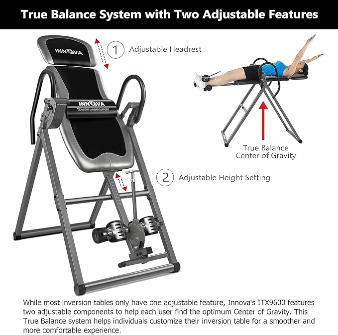 Innova Inversion Table with Adjustable Headrest, Reversible Ankle Holders, and 300 lb Weight Capacity