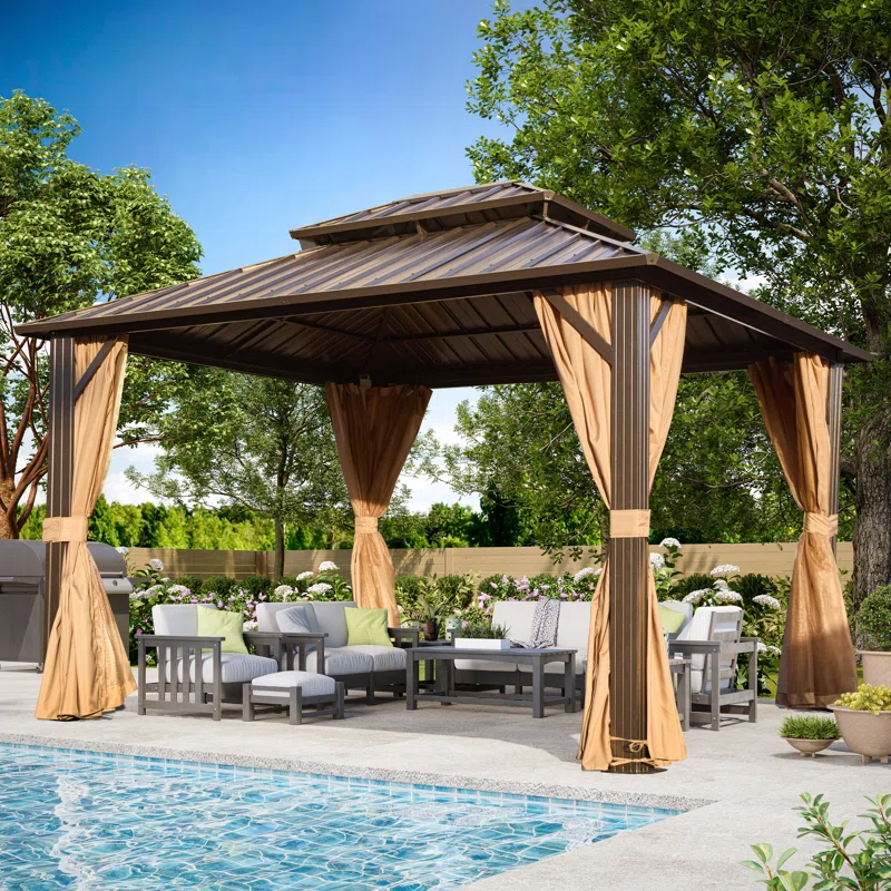 Outdoor Patio Gazebo. Hardtop Gazebo with Galvanized Steel Roof and Aluminum Frame