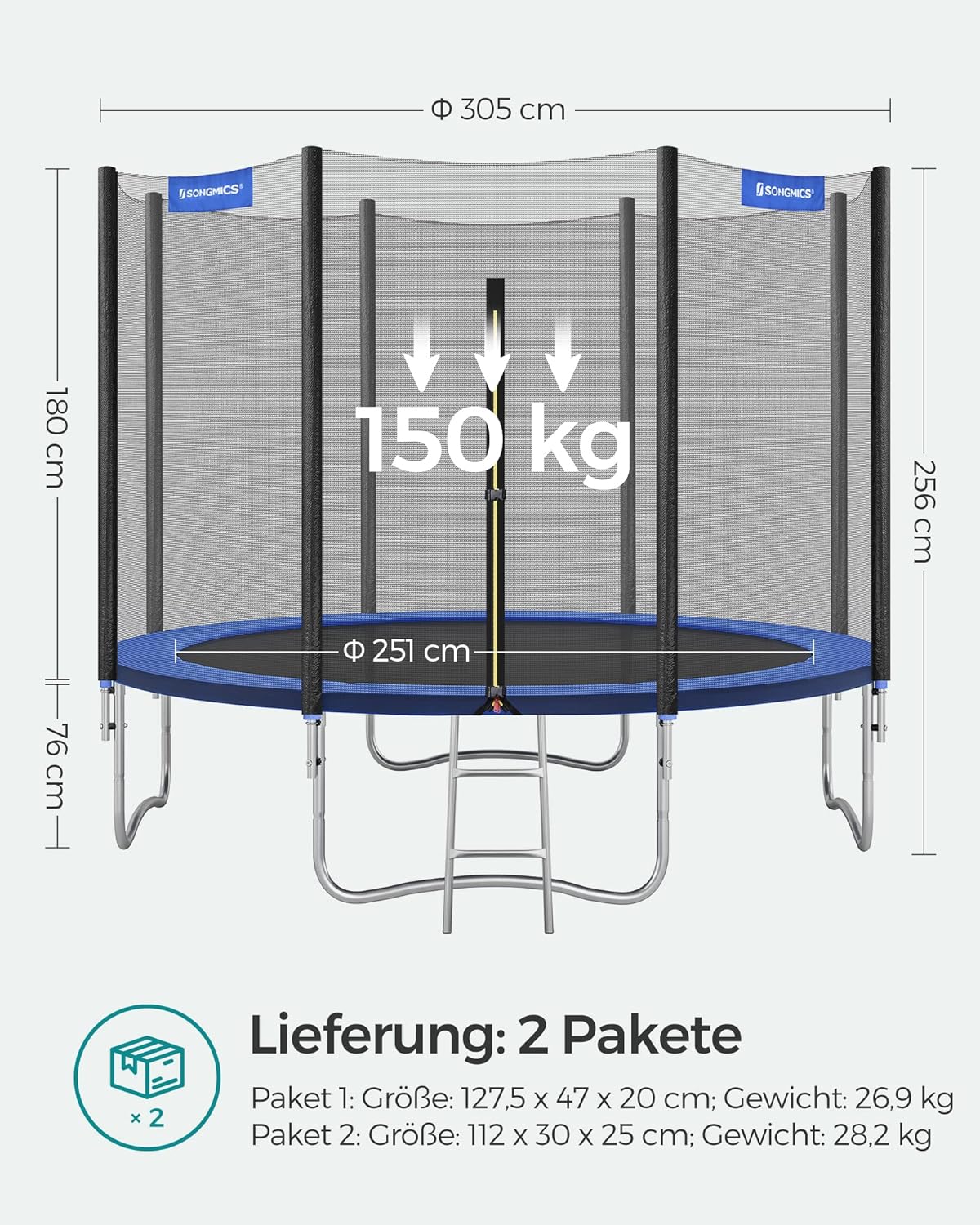 SONGMICS Trampolin Outdoor Ø 305 cm. rundes Gartentrampolin mit Randabdeckung. mit Sicherheitsnetz. mit Leiter und gepolsterten Stangen