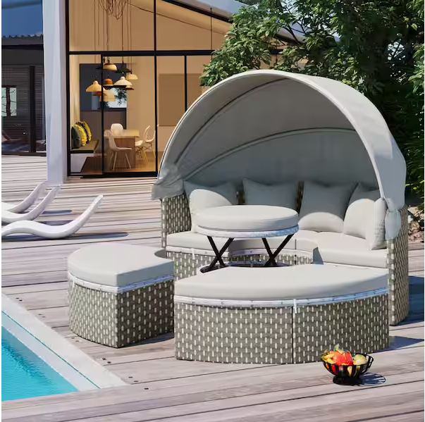 Metal Outdoor Sectional Sofa Set Rattan Daybed 2-Tone Weave Sunbed with Retractable Canopy and Removable Cushion