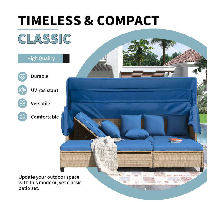 4-piece UV-resistant resin wicker outdoor sofa bed, 3 reclining positions, with cushions and retractable canopy