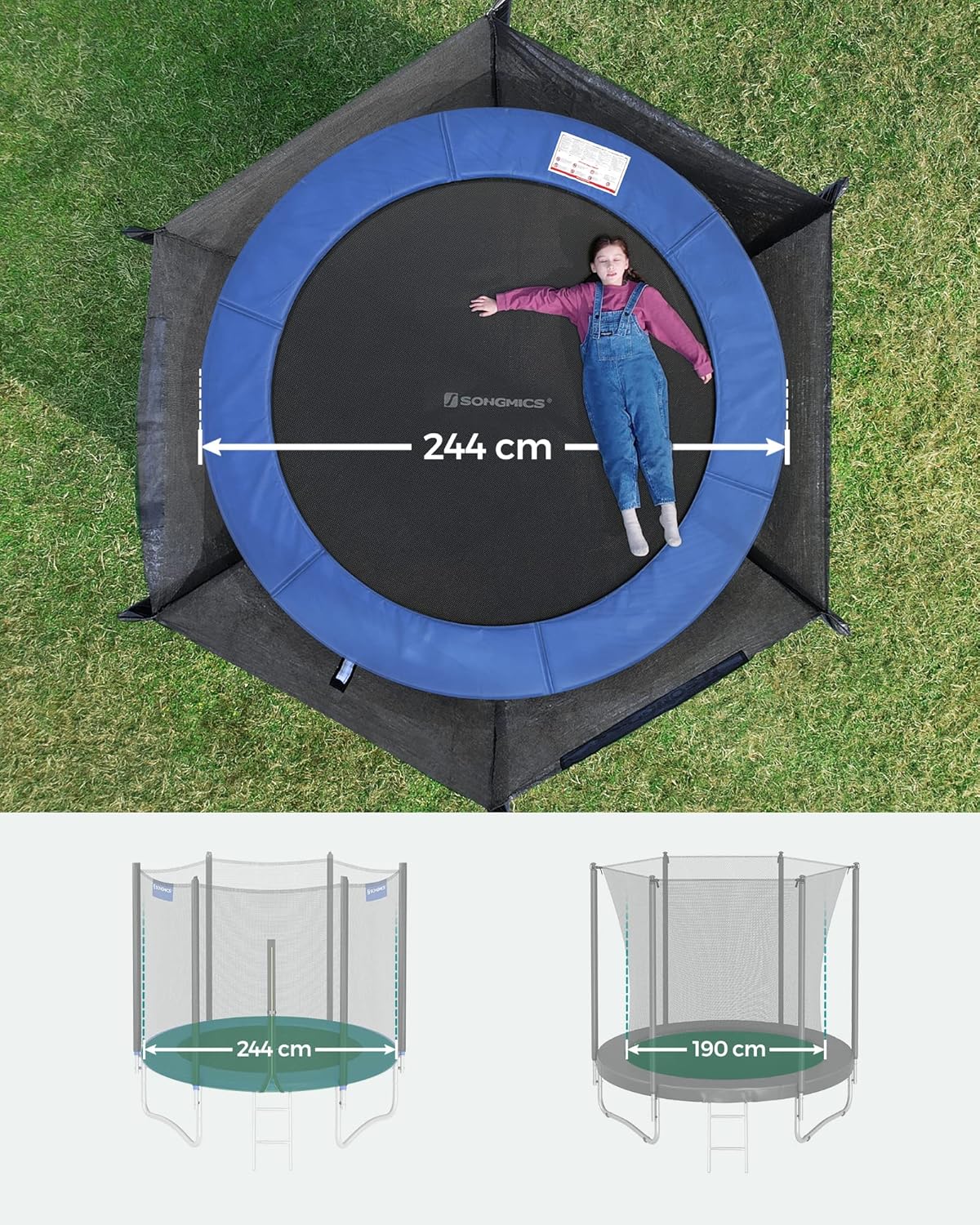 SONGMICS Trampolin Outdoor Ø 244cm. rundes Gartentrampolin mit Randabdeckung. mit Sicherheitsnetz. mit Leiter und gepolsterten Stangen