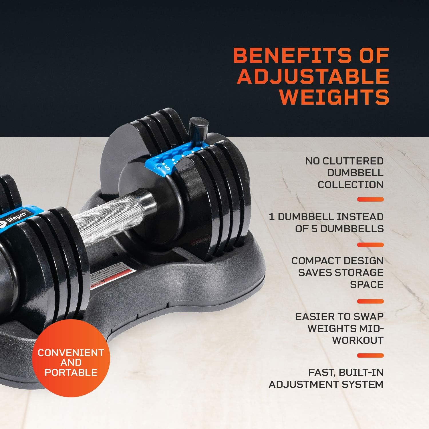 Lifepro Adjustable Dumbbell 25lb (5lb, 10lb, 15lb, 20lb, 25lb). 5-in-1 Dumbbells Adjustable Weights for Men and Women. Dumbbell Adjustable Free Weights Plates and Rack.Dumbbells Set of 2.