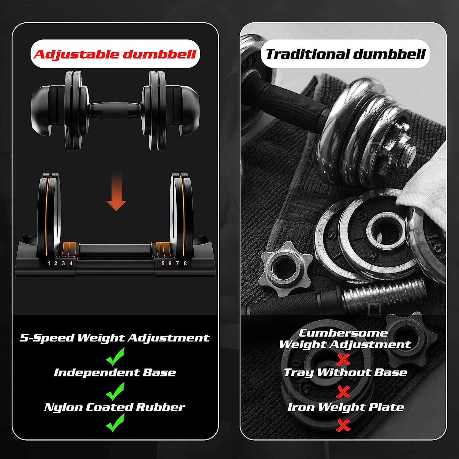 ALTLER Adjustable Dumbbell, 22lb/44lb/52lb Dumbbell Set with Tray for Workout Strength Training Fitness, Adjustable Weight Dial Dumbbell with Anti-Slip Handle and Weight Plate for Home Exercise