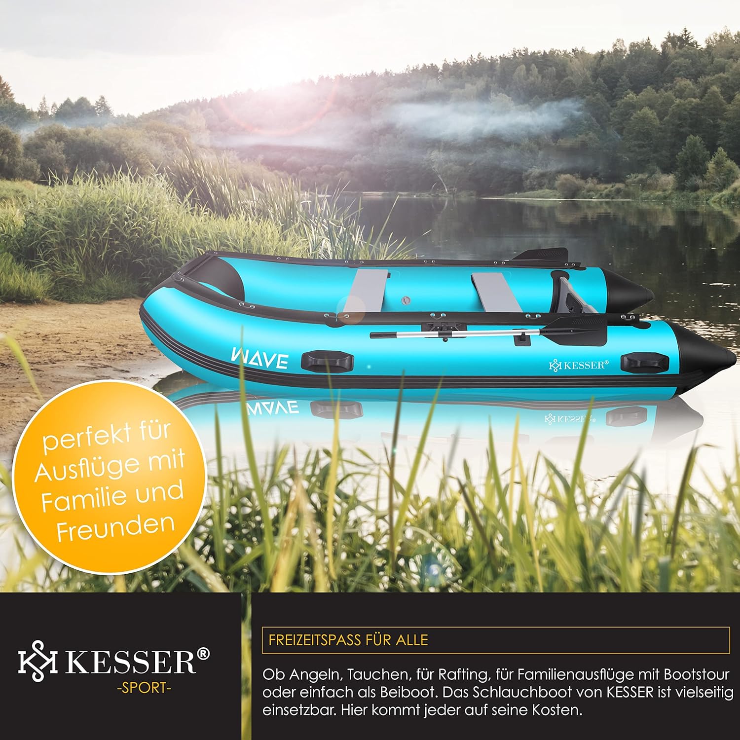 KESSER® Inflatable Boat 3.20 m for 4 People - Wave Motor Suitable Leisure Boat Paddle Boat Motor Boat Fishing Boat - with 2 Benches - Aluminium Base Paddle Pump Repair Kit & Bag Inflatable PVC