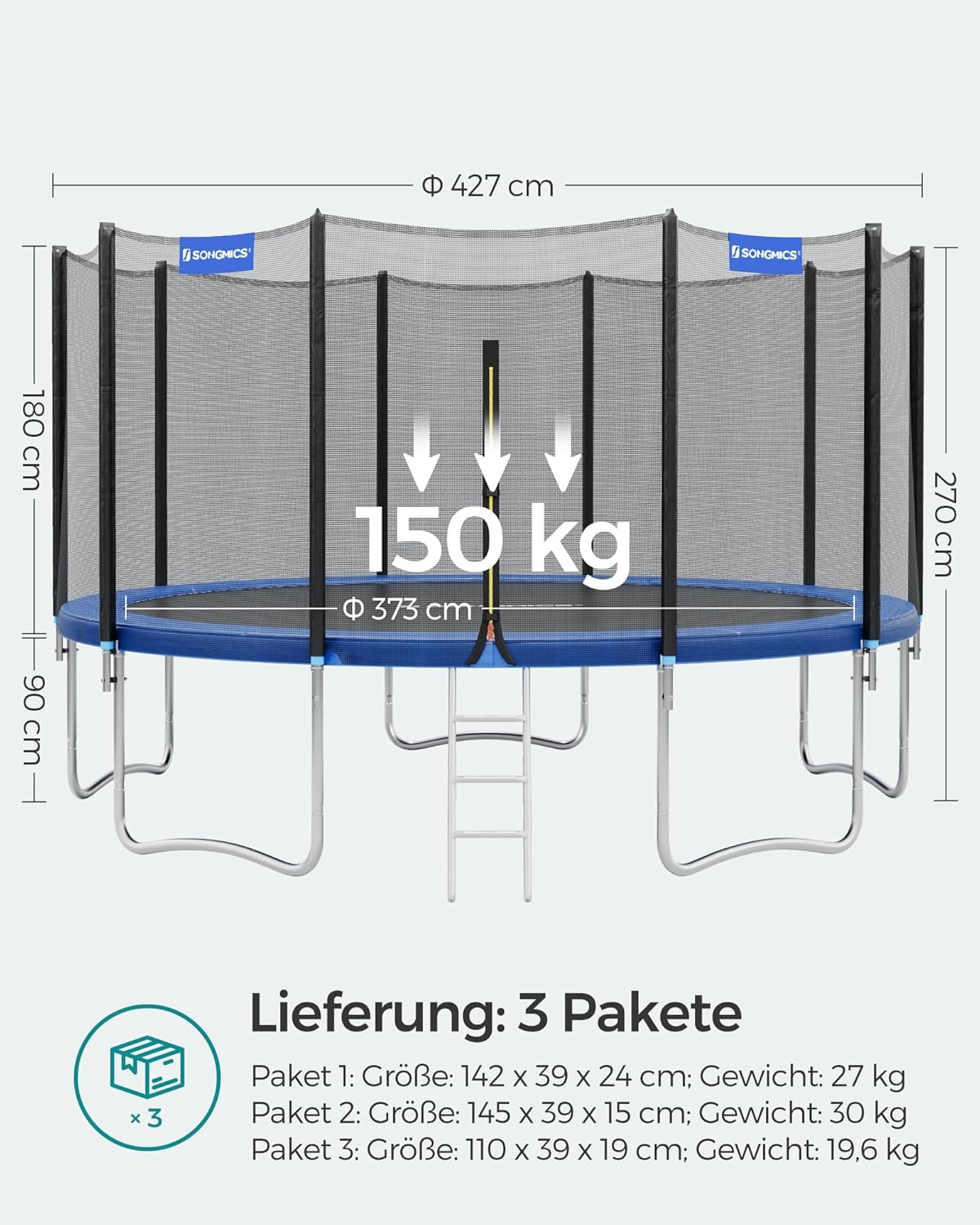 SONGMICS Trampolin Outdoor Ø 427 cm. rundes Gartentrampolin mit Randabdeckung. mit Sicherheitsnetz. mit Leiter und gepolsterten Stangen