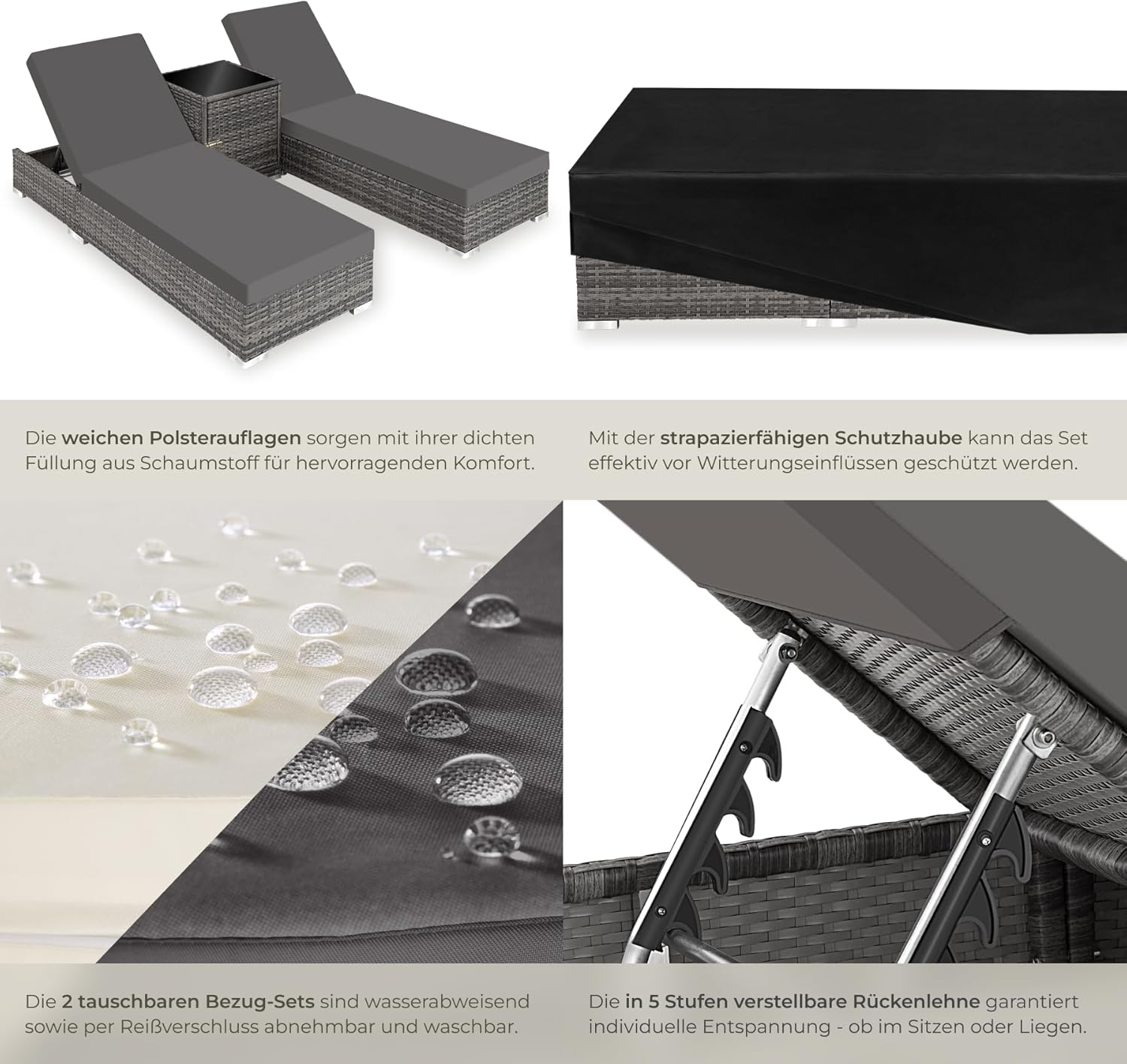 TecTake 403088 Set of 2 Aluminium Polyrattan Sun Lounger + Table incl. Protective covers and 2 cover sets. stainless steel screws. grey