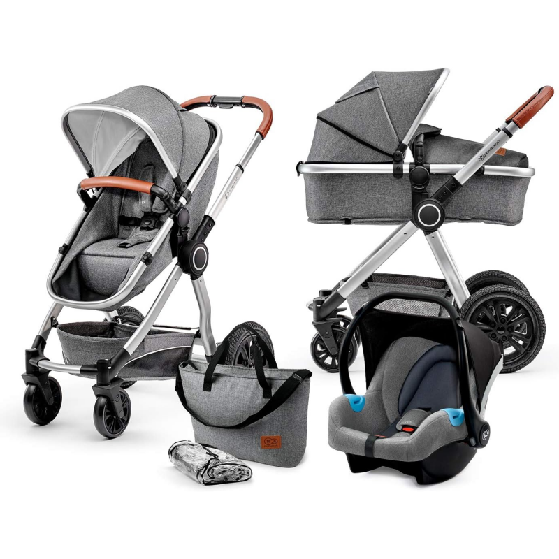 Kinderkraft VEO 3 in 1 Stroller, Combination Stroller, Compact, Pushchair, Pram, Carrycot, With Car Seat, With Accessories, Adapters, 15kg, Gray