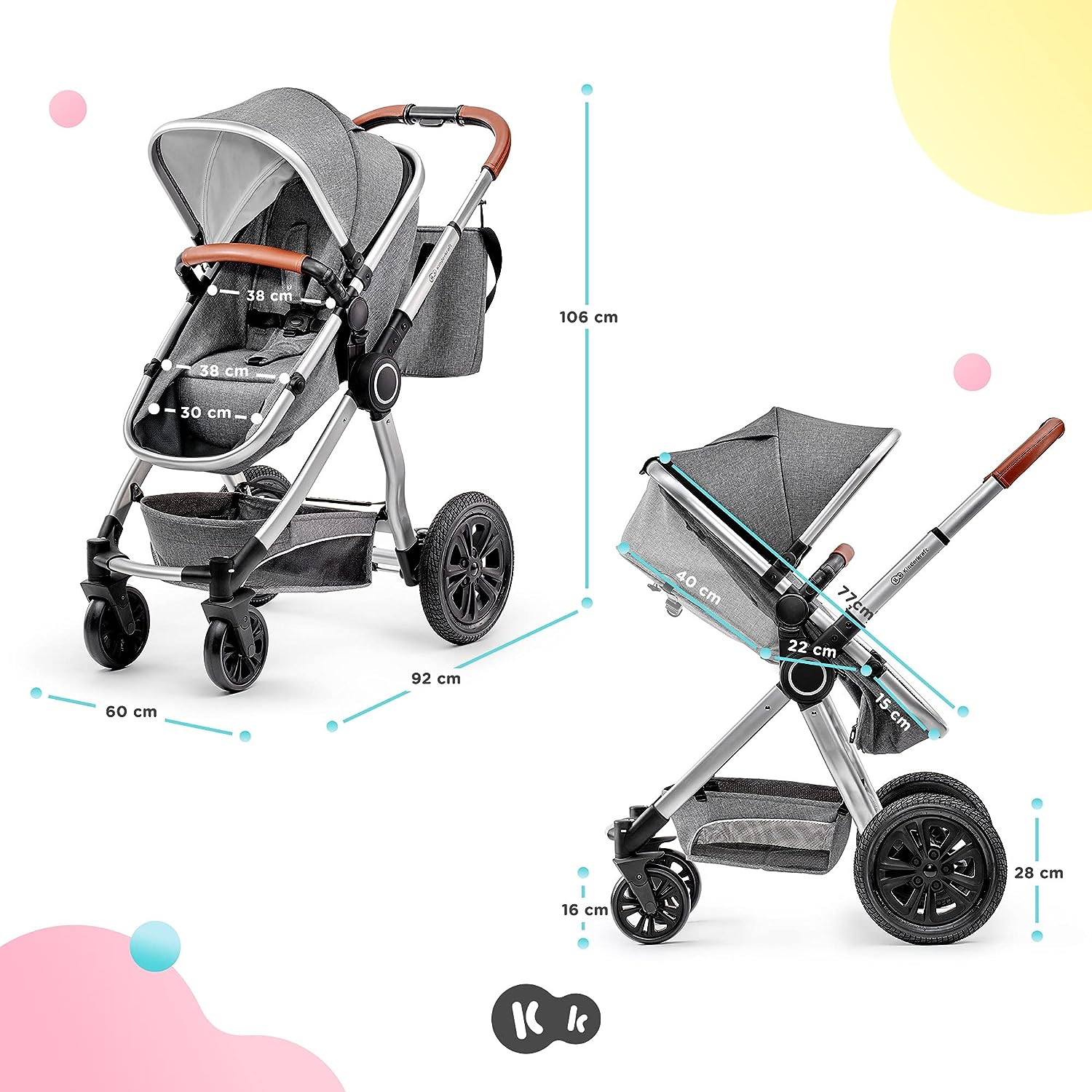 Kinderkraft VEO 3 in 1 Stroller, Combination Stroller, Compact, Pushchair, Pram, Carrycot, With Car Seat, With Accessories, Adapters, 15kg, Gray