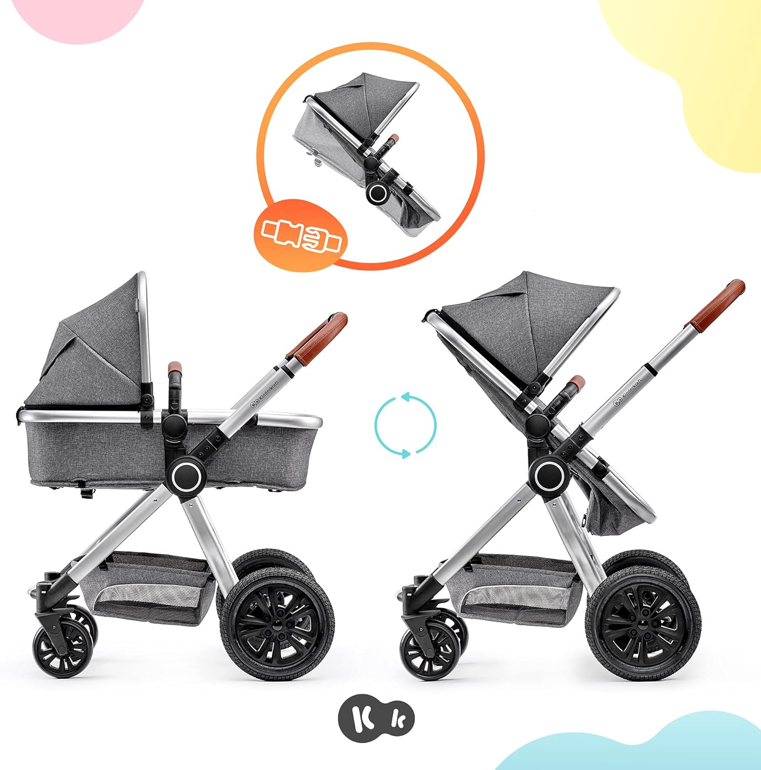 Kinderkraft VEO 3 in 1 Stroller, Combination Stroller, Compact, Pushchair, Pram, Carrycot, With Car Seat, With Accessories, Adapters, 15kg, Gray