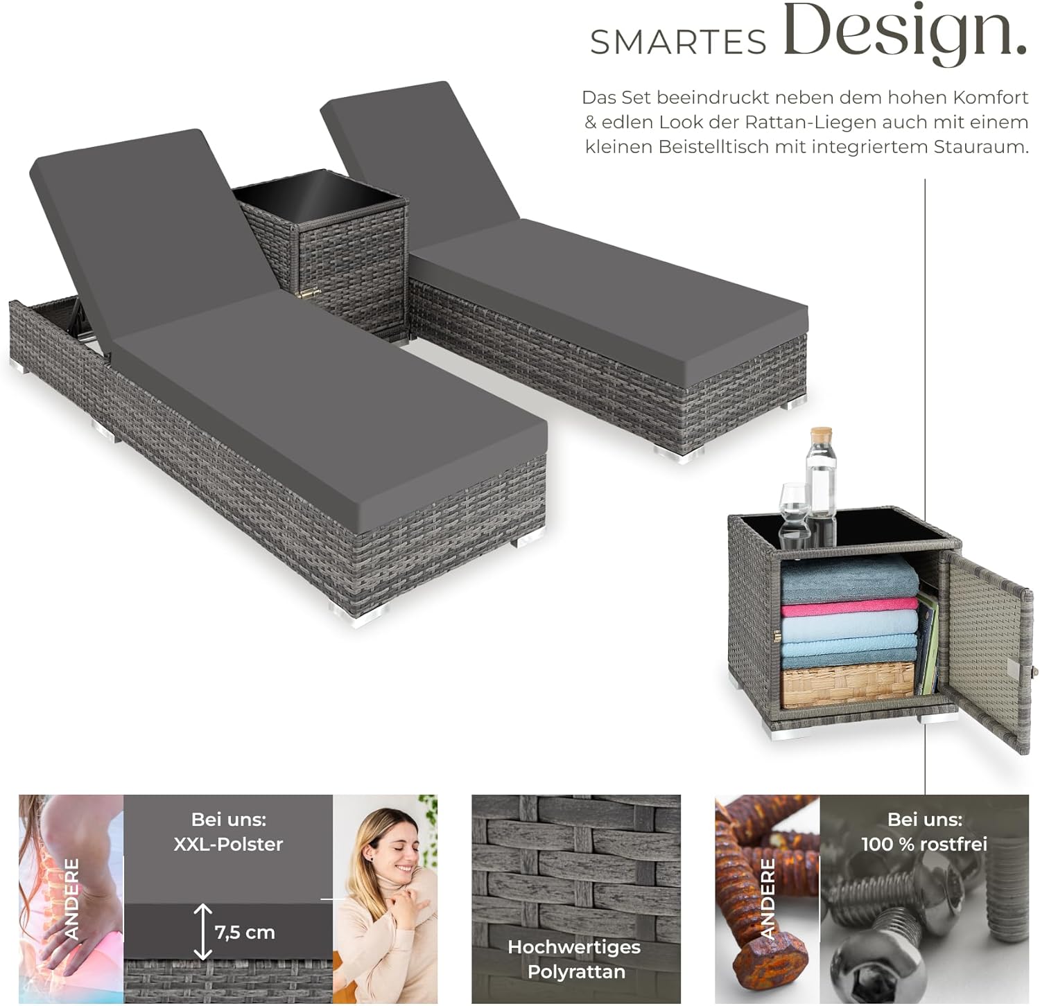 TecTake 403088 Set of 2 Aluminium Polyrattan Sun Lounger + Table incl. Protective covers and 2 cover sets. stainless steel screws. grey