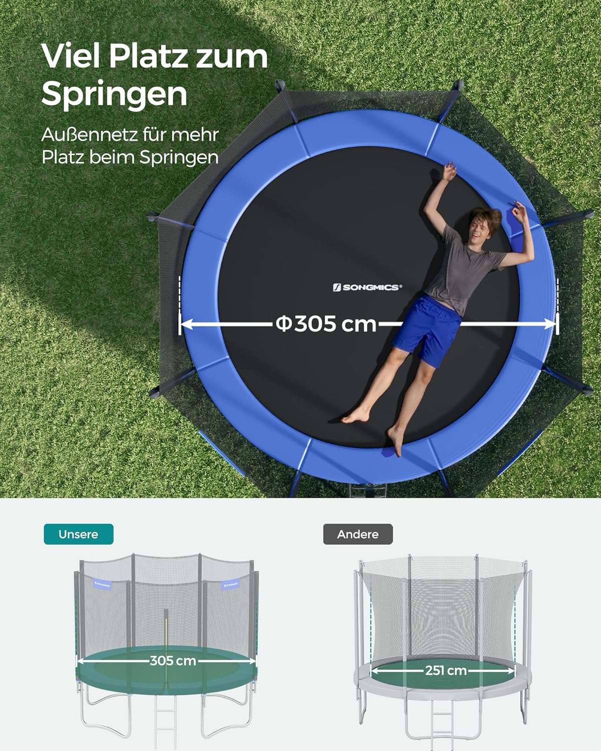 SONGMICS Trampolin Outdoor Ø 305 cm. rundes Gartentrampolin mit Randabdeckung. mit Sicherheitsnetz. mit Leiter und gepolsterten Stangen