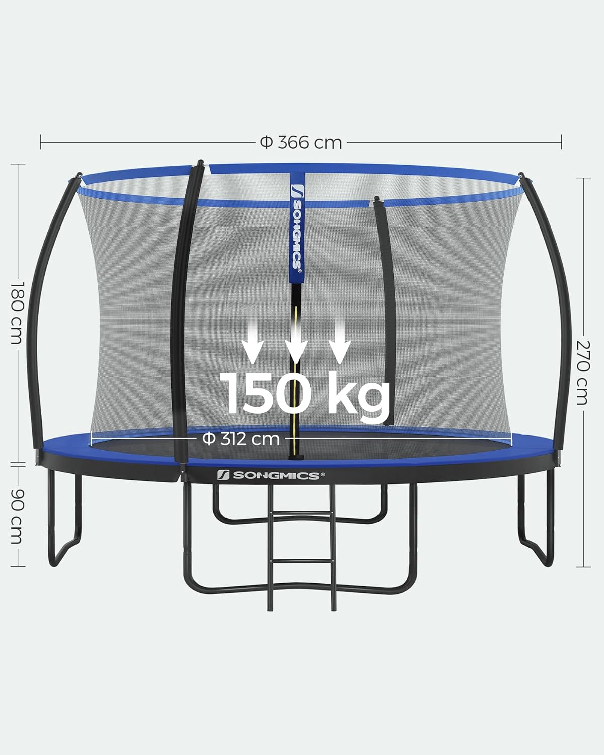 SONGMICS Trampolin Outdoor Ø 366 cm. rundes Gartentrampolin für Kinder mit Sicherheitsnetz. Randabdeckung. Leiter und gepolsterten Stangen