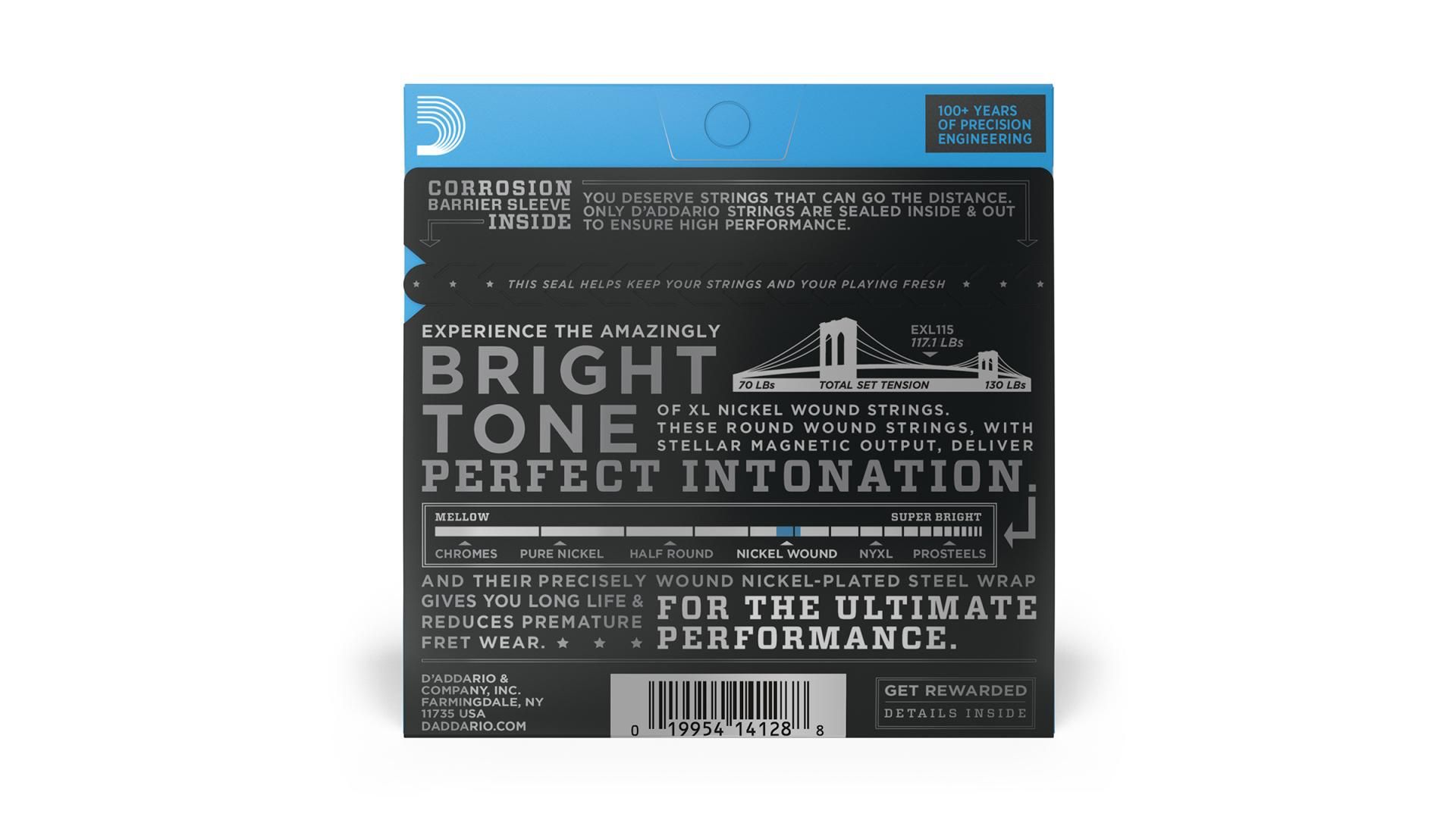 D'Addario EXL115 Nickel Wound Electric Guitar Strings, Medium/Blues-Jazz Rock, 11-49