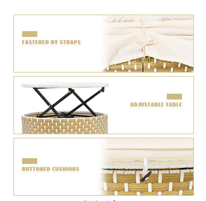 Metal Outdoor Sectional Sofa Set Rattan Daybed 2-Tone Weave Sunbed with Retractable Canopy and Removable Cushion