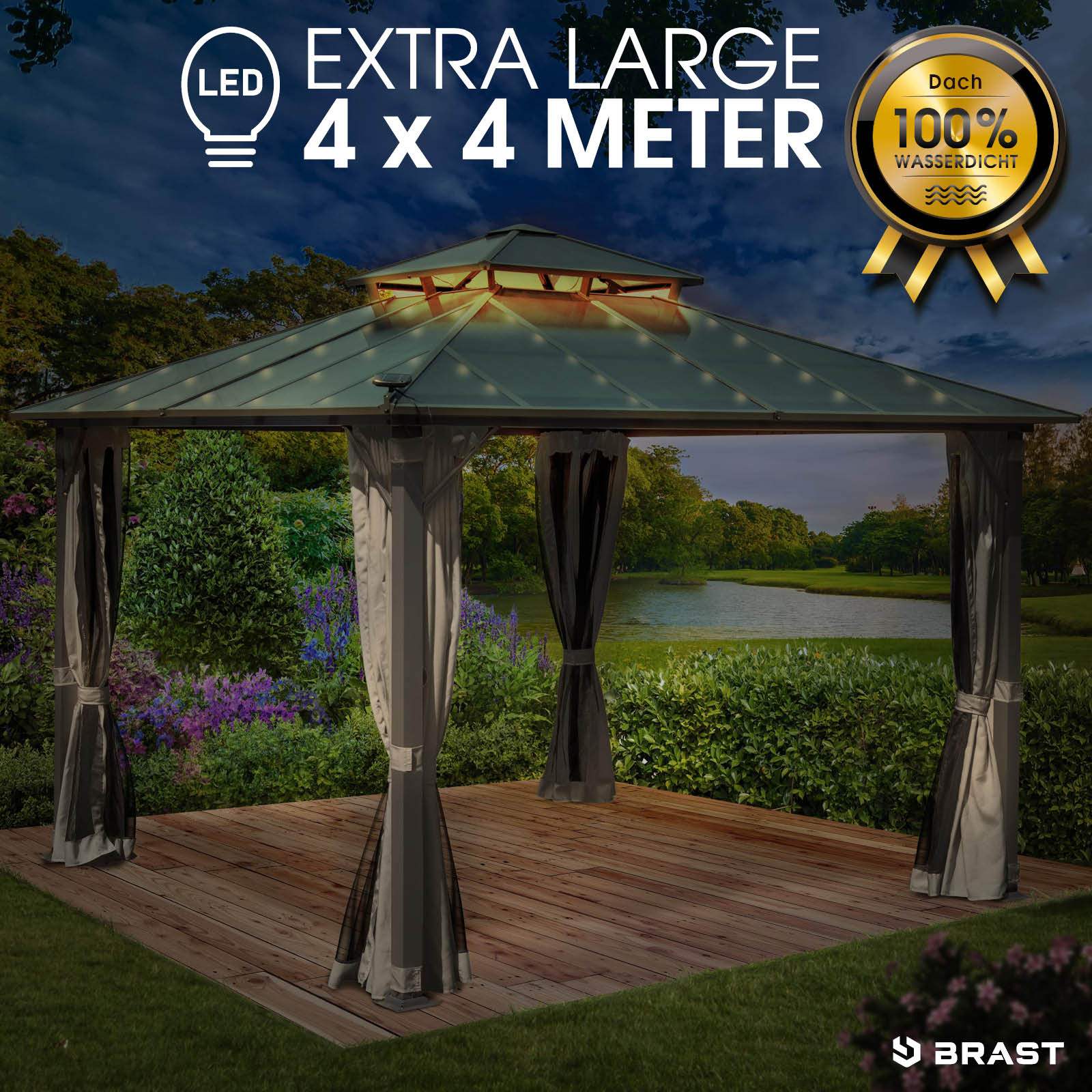 BRAST Alu Pavillon PAGODE 3.5x3.5m beige mit Moskitonetz & LED-Beleuchtung