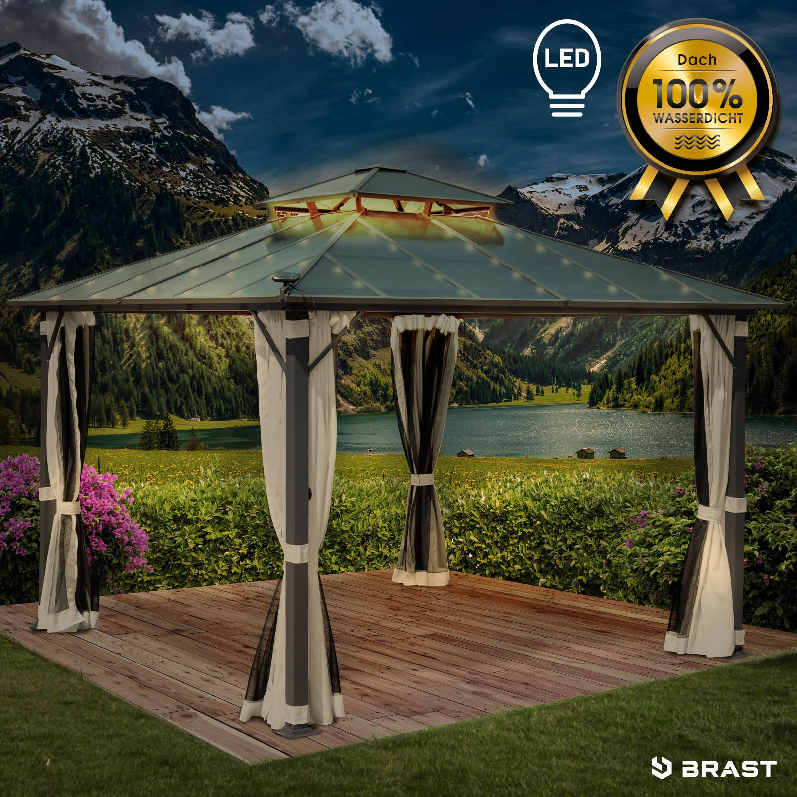 BRAST Alu Pavillon PAGODE 3.5x3.5m beige mit Moskitonetz & LED-Beleuchtung