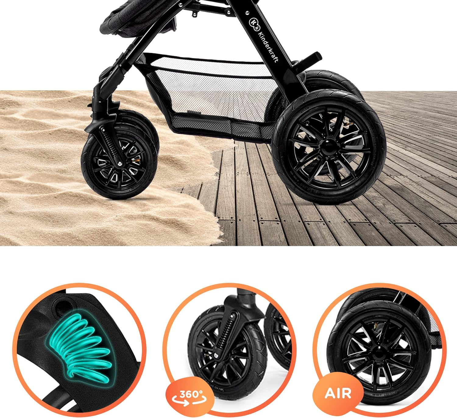 Kinderkraft MOOV 3 in 1 Stroller, Cane Stroller, Trio, Baby Stroller, Baby Pram, With Car Seat, Accessories, Universal Adapters, Carrycot, Big Wheels, 25kg,