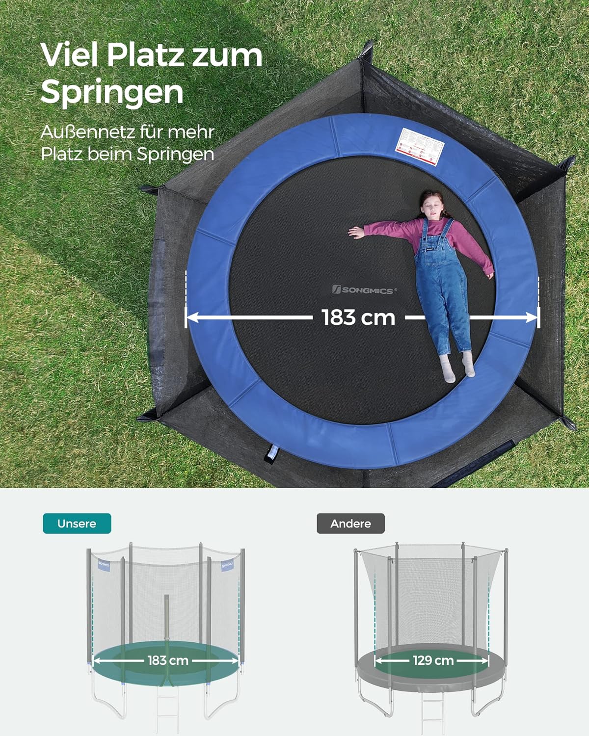 SONGMICS Trampolin Outdoor Ø 183cm. rundes Gartentrampolin mit Randabdeckung. mit Sicherheitsnetz. mit Leiter und gepolsterten Stangen