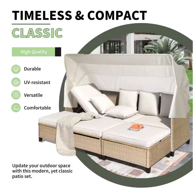 4-piece UV-resistant resin wicker outdoor sofa bed, 3 reclining positions, with cushions and retractable canopy
