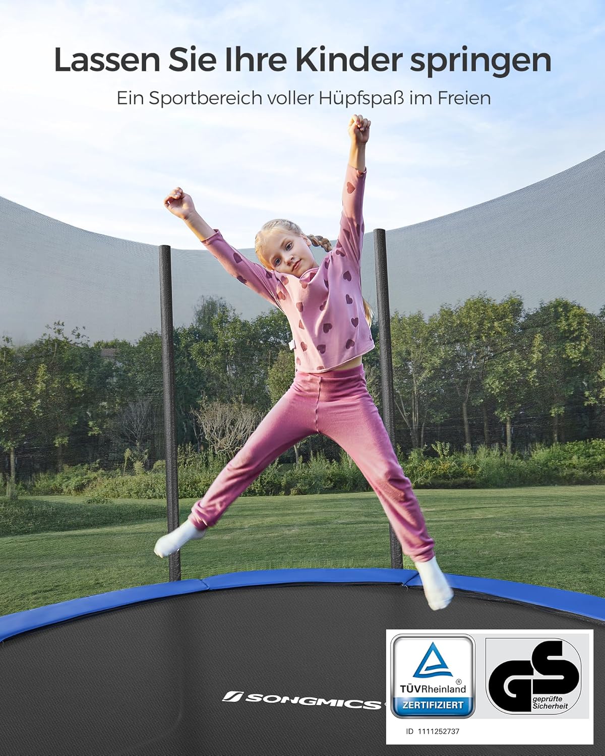 SONGMICS Trampolin Outdoor Ø 244cm. rundes Gartentrampolin mit Randabdeckung. mit Sicherheitsnetz. mit Leiter und gepolsterten Stangen