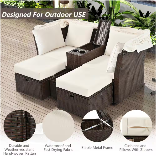 Rattan outdoor patio sofa bed with cushions, folding awning, cup holder and storage box