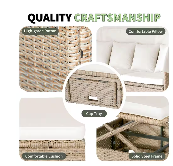 4-piece UV-resistant resin wicker outdoor sofa bed, 3 reclining positions, with cushions and retractable canopy