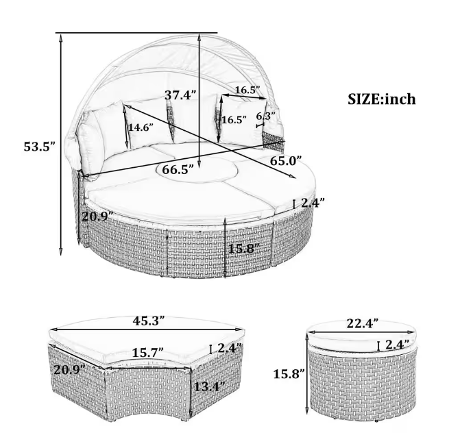 Metal Outdoor Sectional Sofa Set Rattan Daybed 2-Tone Weave Sunbed with Retractable Canopy and Removable Cushion