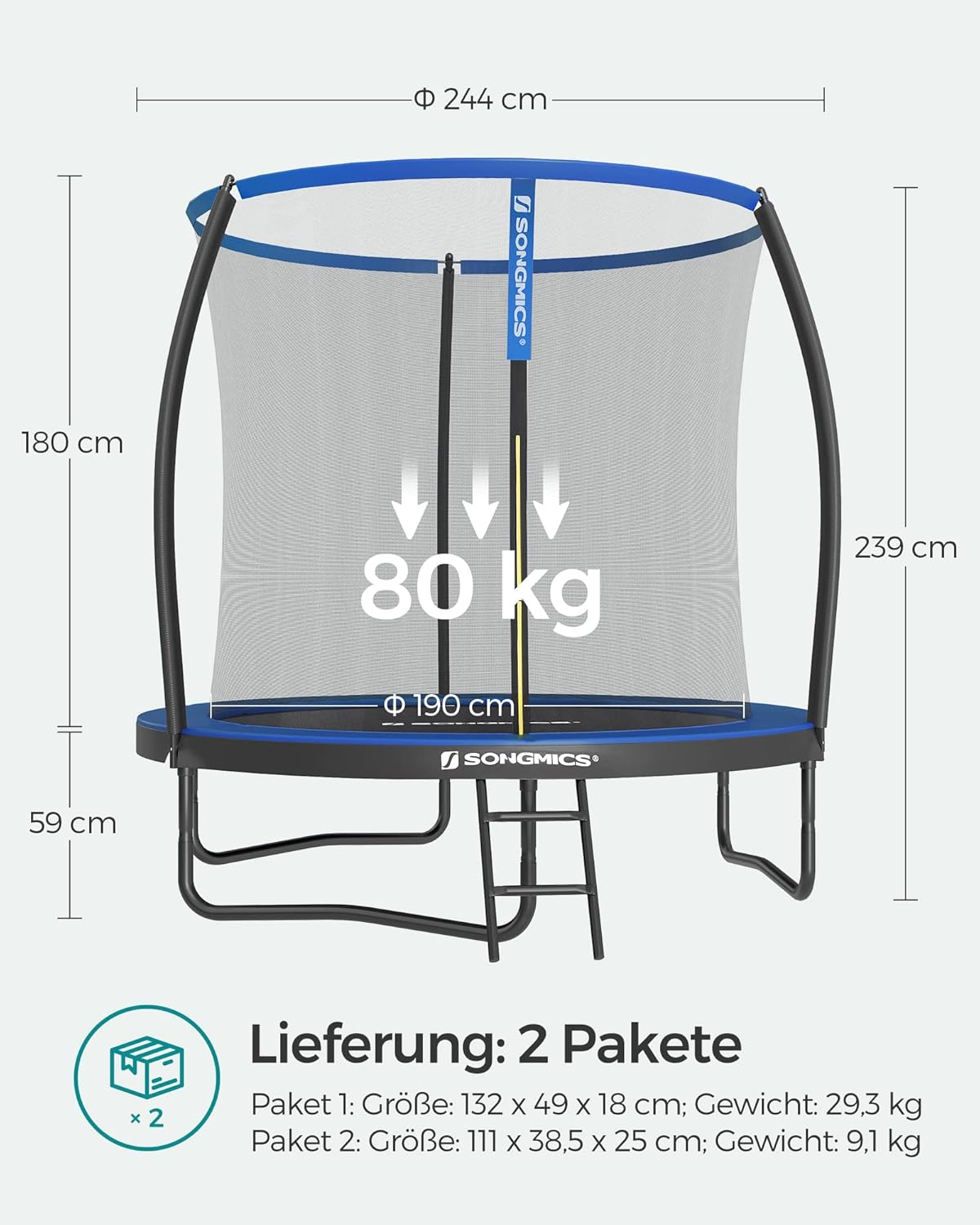 SONGMICS Trampolin Outdoor Ø 244 cm. rundes Gartentrampolin für Kinder mit Sicherheitsnetz. Randabdeckung. Leiter und gepolsterten Stangen