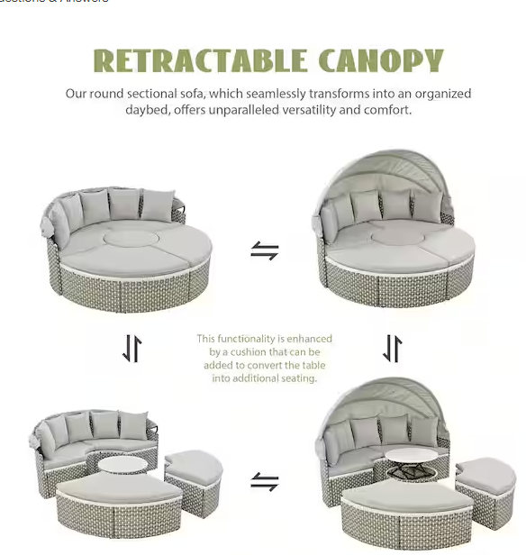 Metal Outdoor Sectional Sofa Set Rattan Daybed 2-Tone Weave Sunbed with Retractable Canopy and Removable Cushion
