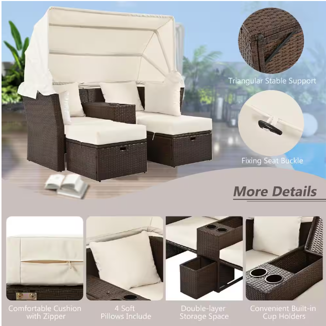 Rattan outdoor patio sofa bed with cushions, folding awning, cup holder and storage box