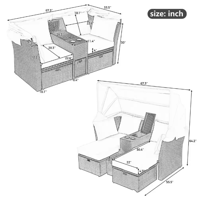 Rattan outdoor patio sofa bed with cushions, folding awning, cup holder and storage box